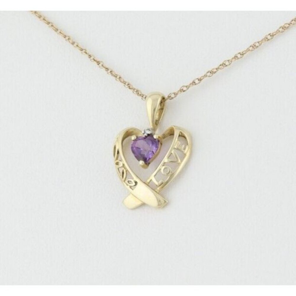10k Yellow Gold Natural Amethyst & Diamond Love Heart Necklace 18" inch